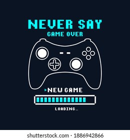 Joysticks gamepad t-shirt design with pixel text and slogan. Tee shirt typography graphics for gamers. Slogan print for video game concept. Vector illustration.