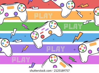 Patrón sin fisuras. Imagen repetida en estilo retro. Años 80 y 90. Dispositivos para juegos, banners o afiches brillantes y multicolores, diseño para la página de la tienda. Dibujo vectorial plano de dibujos animados