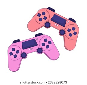 Joysticks two players 2D linear cartoon object. Playing together on gamepads isolated line vector element white background. Competitive video gaming friends devices color flat spot illustration