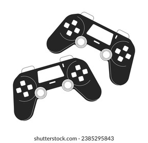 Joysticks two players black and white 2D line cartoon object. Playing together on gamepads isolated vector outline item. Competitive video gaming friends devices monochromatic flat spot illustration