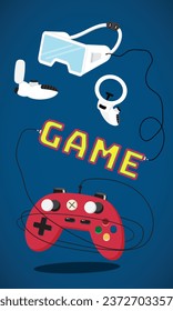 Joysticks and Virtual reality (VR) There was a tangle of wires with the word game in the middle. Old game concepts to future games. flat design poster.