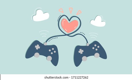 joysticks with wire loop in heart shape  with pink heart inside of it. concept of modern online relationship through playing online game or offline game.