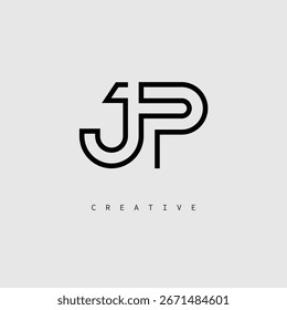 Logotipo de letra creativa de JP: monograma de línea mínima en negro para un diseño de identidad de marca moderno.