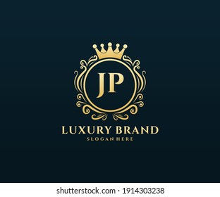 JP Initial Letter Gold calligraphic feminine floral hand drawn heraldic monogram antique vintage style luxury logo design.