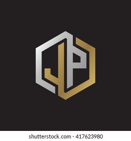 JP initial letters looping linked hexagon elegant logo golden silver black background