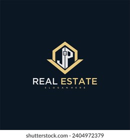 JP initial monogram logo for real estate with home shape creative design