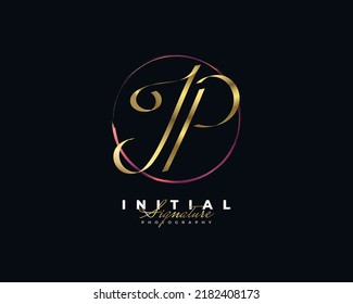 JP Initial Signature Logo Design with Elegant and Minimalist Gold Handwriting Style. Initial J and P Logo Design for Wedding, Fashion, Jewelry, Boutique and Business Brand Identity