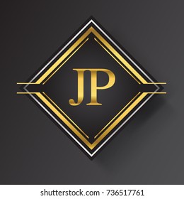 JP Letter logo in a square shape gold and silver colored geometric ornaments.