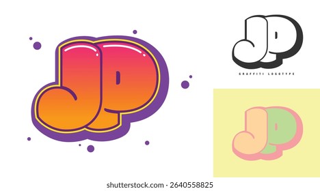 JP logo design for festival or party. Initial letter j and p in graffiti style. Creative modern lettering company name of font typography. Kids trendy logotype or identity. Vector illustration.