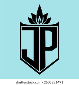 JP Logo featuring a minimalist design with a crown-like flower symbol on top, bold black elements, and a soft blue background, perfect for branding and modern visual identity.