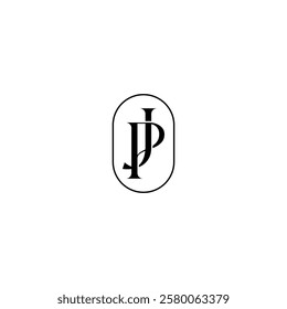 JP logo. J and P letter with oval frame symbol. PJ logo design. Combination abstract of J and P letter. Best for fashion, luxury brand, illustration, apparel, consulting, salon. Beauty initial icon