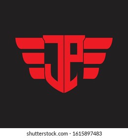 JP Logo monogram with emblem and wings element design template on red colors