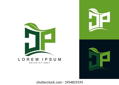 Monograma del logotipo JP con naturaleza de hoja verde biología orgánica curva forma de diseño de vector premium