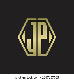 JP Logo monogram with hexagon line rounded design template with gold colors