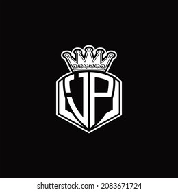 JP Logo monogram with luxury emblem shape and crown design template on black background