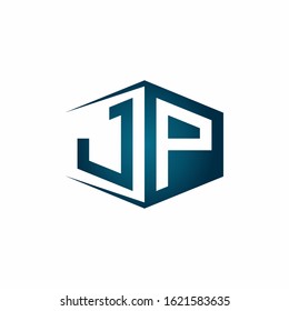 JP monogram logo with hexagon shape and negative space style ribbon design template