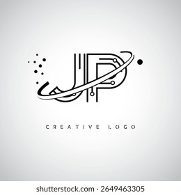 JP Orbit Monogram Logo - Futuristic Minimal Letter mark with Circular Line Art, Tech-Inspired Dots and Space Motion Concept for Modern Branding Identity (Logotipo de Monograma de Órbita JP - Marca de Letra Mínima Futurista com Linha de Arte Circular, Pontos Inspirados na Tecnologia e Conceito de Movimento Espacial para Identidade de Marca Moderna)