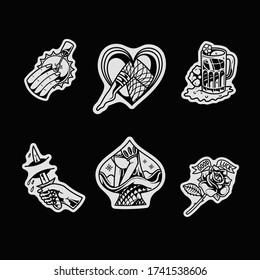 JP tatuaje flash set, diseño tradicional de tatuajes, flash de tatuaje aislado, conjunto vectorial de tatuajes de la vieja escuela, conjunto de ilustraciones flash, gráfico vector editable