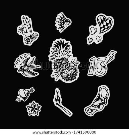 JP tattoo flash set, traditional tattoo design, flash tattoos illustration set, editable vector graphic