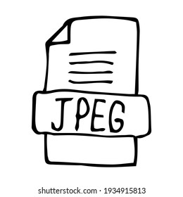Formato de archivo JPEG. Foto, icono de imagen, iniciar sesión en el dibujo del estilo de doodle aislado en blanco. Ilustración vectorial.