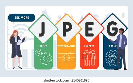 JPEG - Akronym der gemeinsamen Fotografen-Expertengruppe. Hintergrund des Unternehmenskonzepts. Vektorgrafik-Konzept mit Schlagwörtern und Symbolen. Buchstabengrafik mit Symbolen für Web-Banner, Flyer, Landing-Page