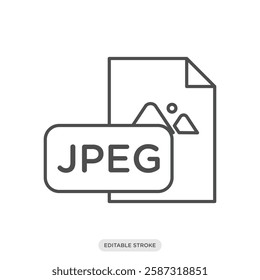 Jpeg photo file icon. Camera and photography symbol sign vector illustration in line style.