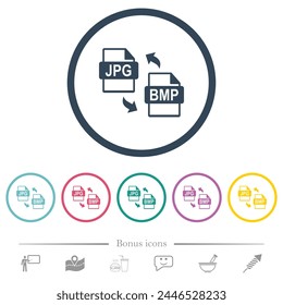 JPG BMP file conversion flat color icons in round outlines. 6 bonus icons included.