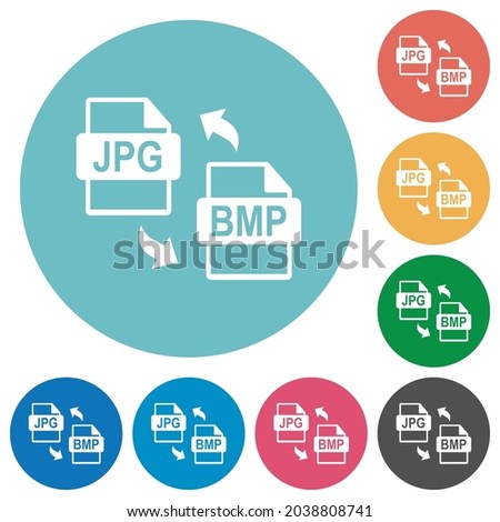 JPG BMP file conversion flat white icons on round color backgrounds