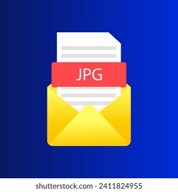 JPG document in envelope icon. Flat, yellow, sheet in an envelope, JPG file in an envelope. Vector icon