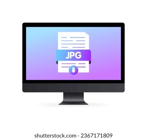 JPG file download. Flat, purple, monitor screen, JPG file, monitor screen, download file. Vector icon