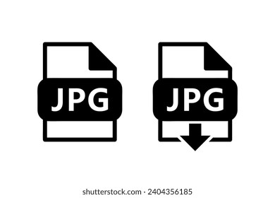 jpg file format black icon, download jpg file sign with arrow, set of two vector symbols