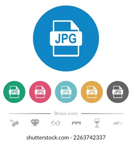 El formato de archivo JPG consiste en iconos blancos planos en fondos de color redondo. 6 iconos de bonificación incluidos.