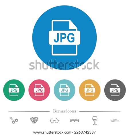 JPG file format flat white icons on round color backgrounds. 6 bonus icons included.