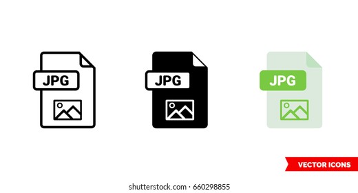 JPG file icon of 3 types: color, black and white, outline. Isolated vector sign symbol.