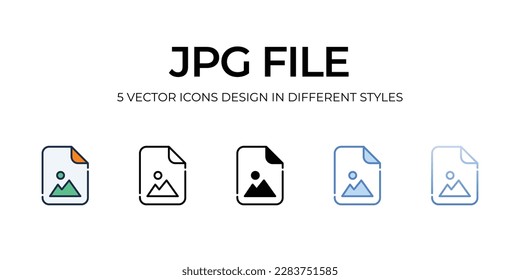 JPG File Icon Design in Fünf-Stil mit Editable Stroke. Linie, feste, flache Linie, Duo Tone Farbe und Farbverlauf Linie. Geeignet für Webpage, Mobile App, UI, UX und GUI Design.