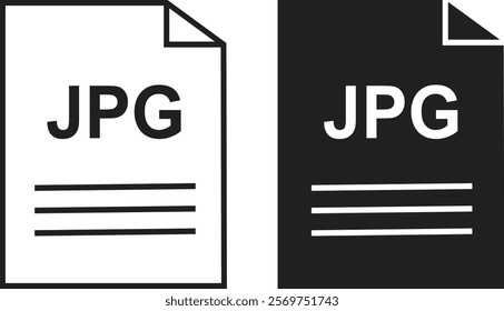 JPG file icon set. JPG file type symbol. File JPG format icon in black filled and outlined style isolated on transparent background. Ideal for technology or data related content, vector illustration.