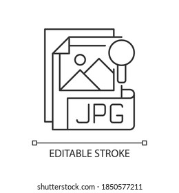 JPG file pixel perfect linear icon. Compressed image format. Digital images. JPEG. Thin line customizable illustration. Contour symbol. Vector isolated outline drawing. Editable stroke