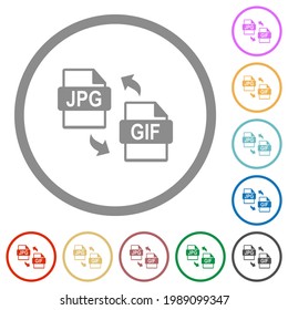 JPG GIF file conversion flat color icons in round outlines on white background