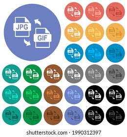 JPG GIF file conversion multi colored flat icons on round backgrounds. Included white, light and dark icon variations for hover and active status effects, and bonus shades.