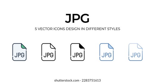 JPG Icon Design in Fünf-Stil mit Editable Stroke. Linie, feste, flache Linie, Duo Tone Farbe und Farbverlauf Linie. Geeignet für Webpage, Mobile App, UI, UX und GUI Design.