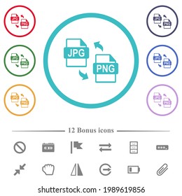 JPG PNG file conversion flat color icons in circle shape outlines. 12 bonus icons included.