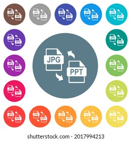 Conversión de archivos PPT JPG iconos blancos planos en fondos de color redondo. Se incluyen 17 variaciones de color de fondo.