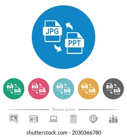 Conversión de archivos PPT JPG iconos blancos planos en fondos de color redondo. 6 iconos de bonificación incluidos.
