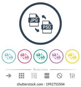 JPG PSD file conversion flat color icons in round outlines. 6 bonus icons included.