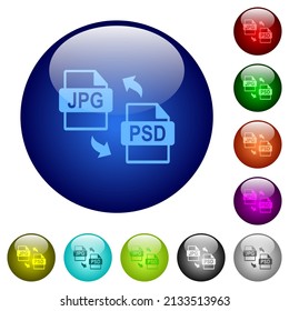 JPG PSD file conversion icons on round glass buttons in multiple colors. Arranged layer structure