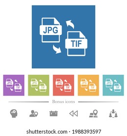 JPG TIF file conversion flat white icons in square backgrounds. 6 bonus icons included.