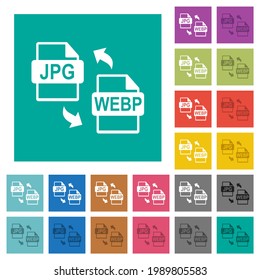 Conversión de archivos WEBP JPG iconos planos de varios colores en fondos cuadrados simples. Se incluyeron variaciones de iconos blancos y oscuros para efectos de movimiento o activos.