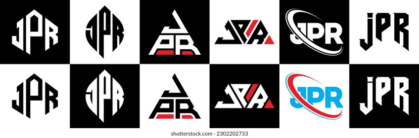 JPR letter logo design in six style. JPR polygon, circle, triangle, hexagon, flat and simple style with black and white color variation letter logo set in one artboard. JPR minimalist and classic logo