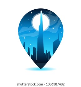 JPS icon with city landscape. Navigation symbol.