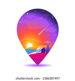 JPS icon with night mountains landscape. Navigation symbol.